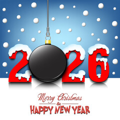 Merry Christmas and Happy New Year. Number 2026 and hockey puck as a Christmas decorations hanging on strings amid falling snow on a mirror surface. Pattern for greeting card. Vector illustration
