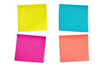 Four blank square sticky notes in vibrant colors arranged on black isolated on transparent background