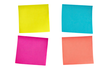 Four blank square sticky notes in vibrant colors arranged on black isolated on transparent background