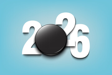 New Year numbers 2026 and hockey puck on an isolated background. Creative design pattern for greeting card, banner, poster, flyer, party invitation, calendar. Vector illustration