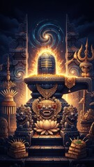 Ornate balinese shrine with offerings, carvings, and a lingam surrounded by swirling energy.