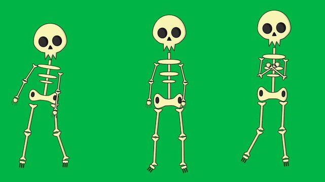 Three dancing skeletons in a row on green screen chromakey background. Great for 2d animated cartoon animation Halloween, party, or spooky fun dance sequences.