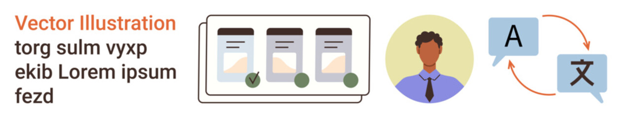 Language learning, translation services, communication, document authentication, global networking, localization. Person avatar, speech bubbles text and ticked documents. Translation