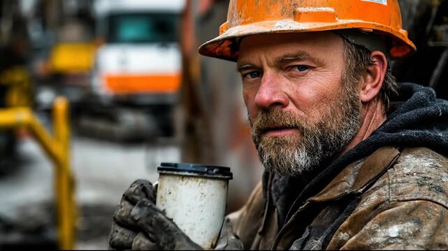 A rugged construction worker enjoying coffee at a worksite.