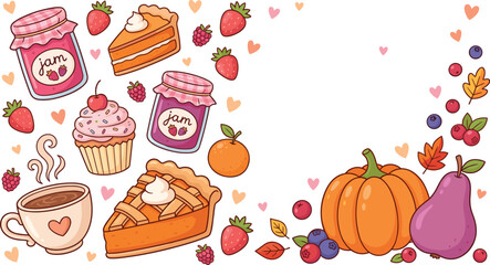 Autumn desserts, jam jars, pie, cupcake, coffee, fruits, pumpkin, leaves, cozy harvest theme, flat vector illustration
