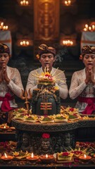 Balinese hindus pray during a traditional hindu ceremony with offerings and incense smoke.