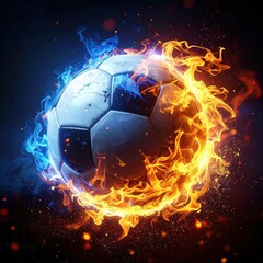 Soccer ball encircled by vibrant, contrasting blue and orange flames