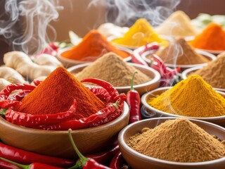 Assortment of vibrant spices and chili peppers in wooden bowls