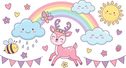 Pink deer, smiling sun, rainbow, clouds, butterfly, bee, hearts, flowers, bunting flags, cheerful theme, flat vector illustration