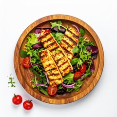 Grilled cheese slices on a bed of fresh salad