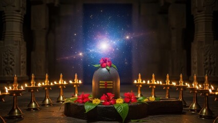 Shiva lingam adorned with flowers and lit oil lamps in a hindu temple with galaxy effect.