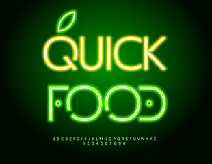 Vector Glowing Promotion Quick Food for Cafe and Super Market. Neon Green Font. Exclusive Futuristic Alphabet Letters and Numbers set.