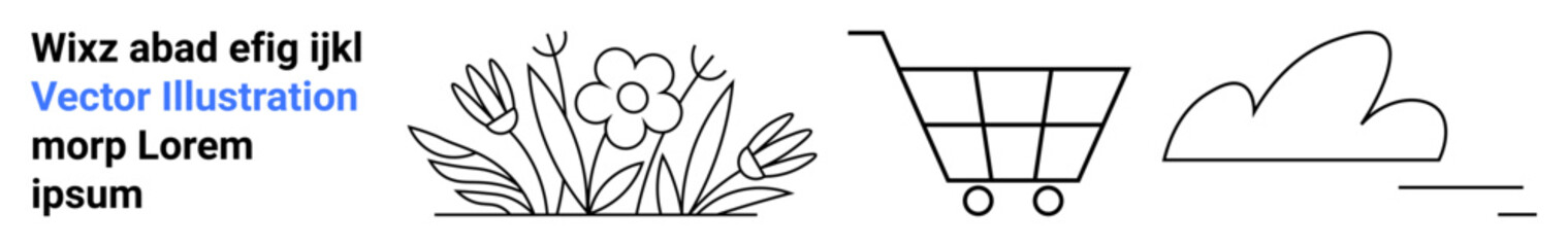 Nature designs, commerce visuals, digital storage, branding, e-commerce, and outdoor . Line art includes a flower, shopping cart and cloud. Nature designs and commerce visuals concept © robu_s