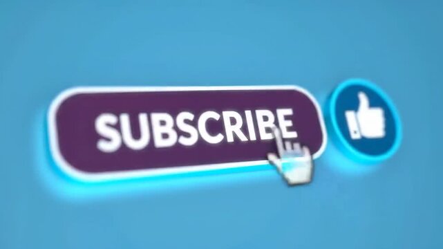 A hand pointer clicking "SUBSCRIBE" button next to a bell icon on blue background, for website usage