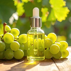 Grape seed oil dropper bottle next to fresh green grapes