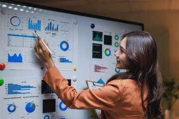Woman presenting business data on whiteboard in office