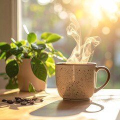 A warm, steaming mug of coffee sits by a sunny window, surrounded by greenery.  Sunlight streams in, casting gentle shadows on a light wooden surface