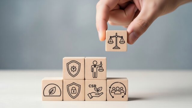 Ethical Marketing Values. Hand positioning balance scale block over CSR and trust elements.
