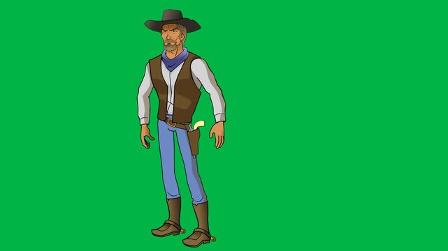 Cowboy in hat and vest standing confidently on green screen chromakey background. Suitable for 2d animated cartoon animation western, adventure, or rugged hero character poses.
