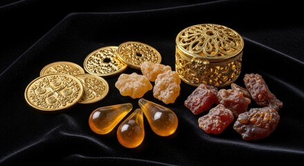 Still life of gold coins, frankincense, amber, and jewelry box on a black velvet fabric.