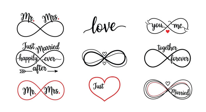 Infinity symbols with wedding and love phrases for couples.