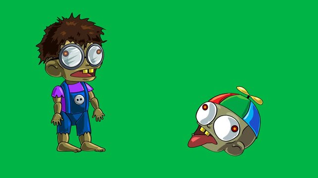 Funny zombie with messy hair walking awkwardly on green screen chromakey background. Perfect for 2d animated cartoon animation Halloween horror comedy, undead, or spooky character scenes.