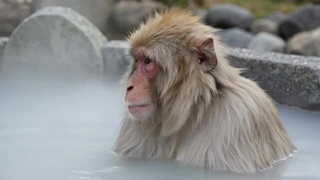 A tranquil monkey relaxing in a hot spring, surrounded by steam.