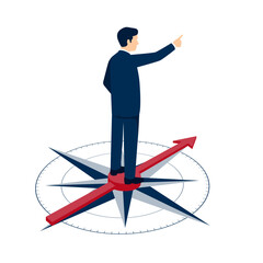 羅針盤の上に立ち進む方向を指し示すビジネスマンのイラスト