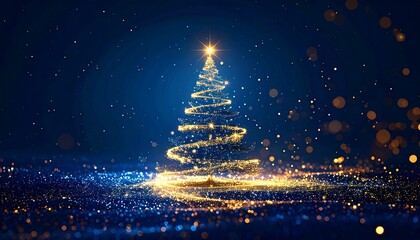 Elegant Christmas tree formed by cascading golden glitter lights, glowing softly against a deep abstract blue background, shimmering bokeh particles, magical night ambiance