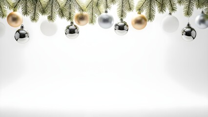 Elegant Christmas scene with luxury minimal gold ornaments and pine branches on a white background