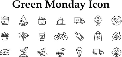 Green Monday icon set collection of outline symbols for ecology, sustainability, recycling, electric vehicles, solar power, and ecofriendly living isolated on transparent background