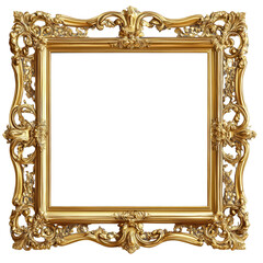 A gold decorative frame stands in a neutral setting ready for an art piece or photo, highlighting its ornate design