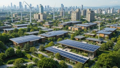 Eco friendly urban development featuring solar panels, wind turbines, and sustainable architecture in modern cityscape