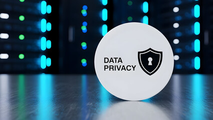 Data privacy badge with shield and keyhole icon on a server room surface.
