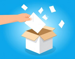 Illustration of a hand placing a white envelope into a cardboard box, with several other envelopes floating above the box