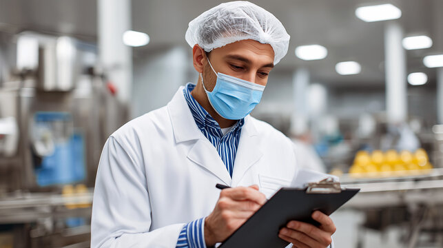 Quality inspector in protective gear reviewing checklist in food production facility. Worker wearing hairnet and mask checking documentation. Food safety, quality control, manufacturing standards.