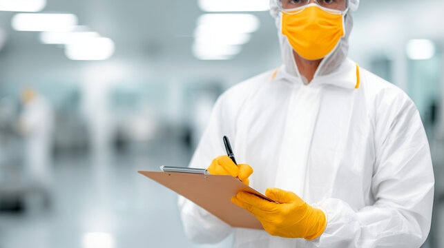 Quality control inspector in protective suit, yellow mask, gloves writing on clipboard. Clean room facility, HACCP monitoring, food safety standards. Manufacturing hygiene compliance, industrial.