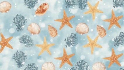 Oceanic Dream - Starfish, Shells, and Coral on a Light Blue Backdrop.