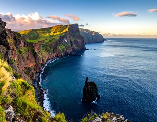 Coastal landscape dramatic cliffs meeting the ocean under a warm sunset