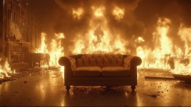 A vintage couch surrounded by intense flames and smoke in chaos.