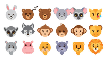Large collection of cute cartoon animal head emojis and avatars showing a wide range of emotions like happy, sad, and sleepy.