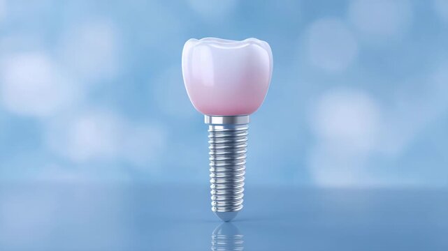 Dental implant tooth prosthetic closeup with titanium metal screw blue background clean medical