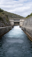 Fototapeta premium Hydropower dam spillway water energy concrete channel surge powerfully with dynamic motion
