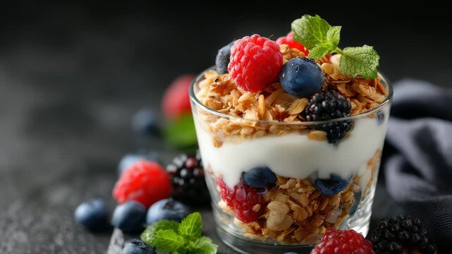 A parfait layered with yogurt granola and fresh berries including raspberries blueberries and blackberries