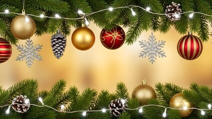 Festive studio background with pine branches, hanging ornaments, and light snowfall viewed panoramically