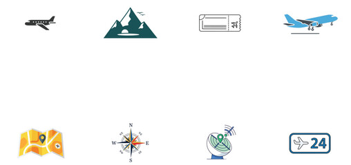 Fototapeta premium Illustration of travel and tourism icons set airplane, mountain, compass, map, and service symbols