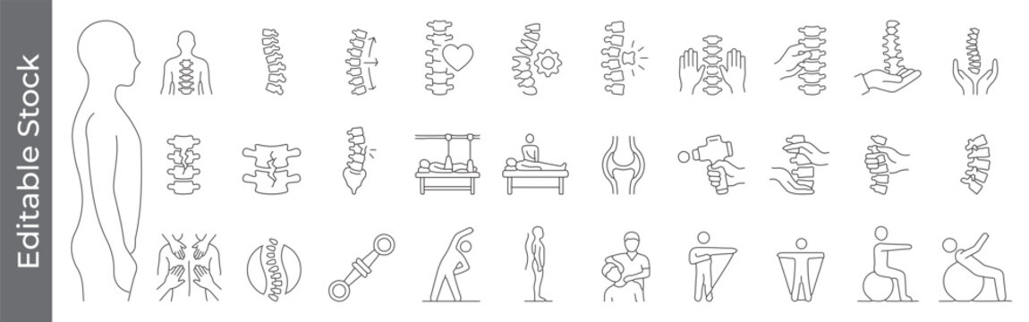 Spine, back pain, broken, fracture and chiropractic icon set &ndash; editable outline symbols of vertebrae, posture, massage, joint and therapy