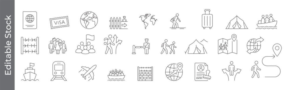 Migration, immigration, travel and border crossing icon set &ndash; editable outline symbols of refugee, passport, visa, globe, fence, tent and journey