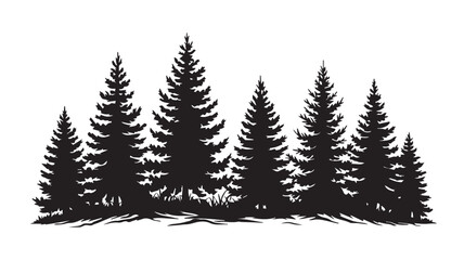 landscape with black silhouettes of trees and hills, trees silhouettes set. Black pine woods
