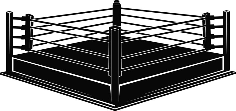 Black-and-white illustration of square boxing ring with corner posts and ropes on elevated platform combat sports design 